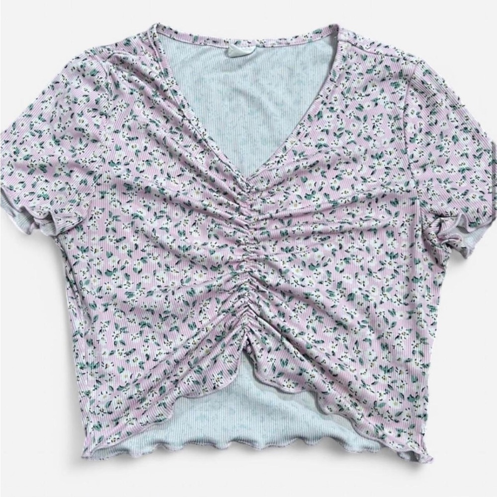 Floral Ruched V-Neck Top - Purple
